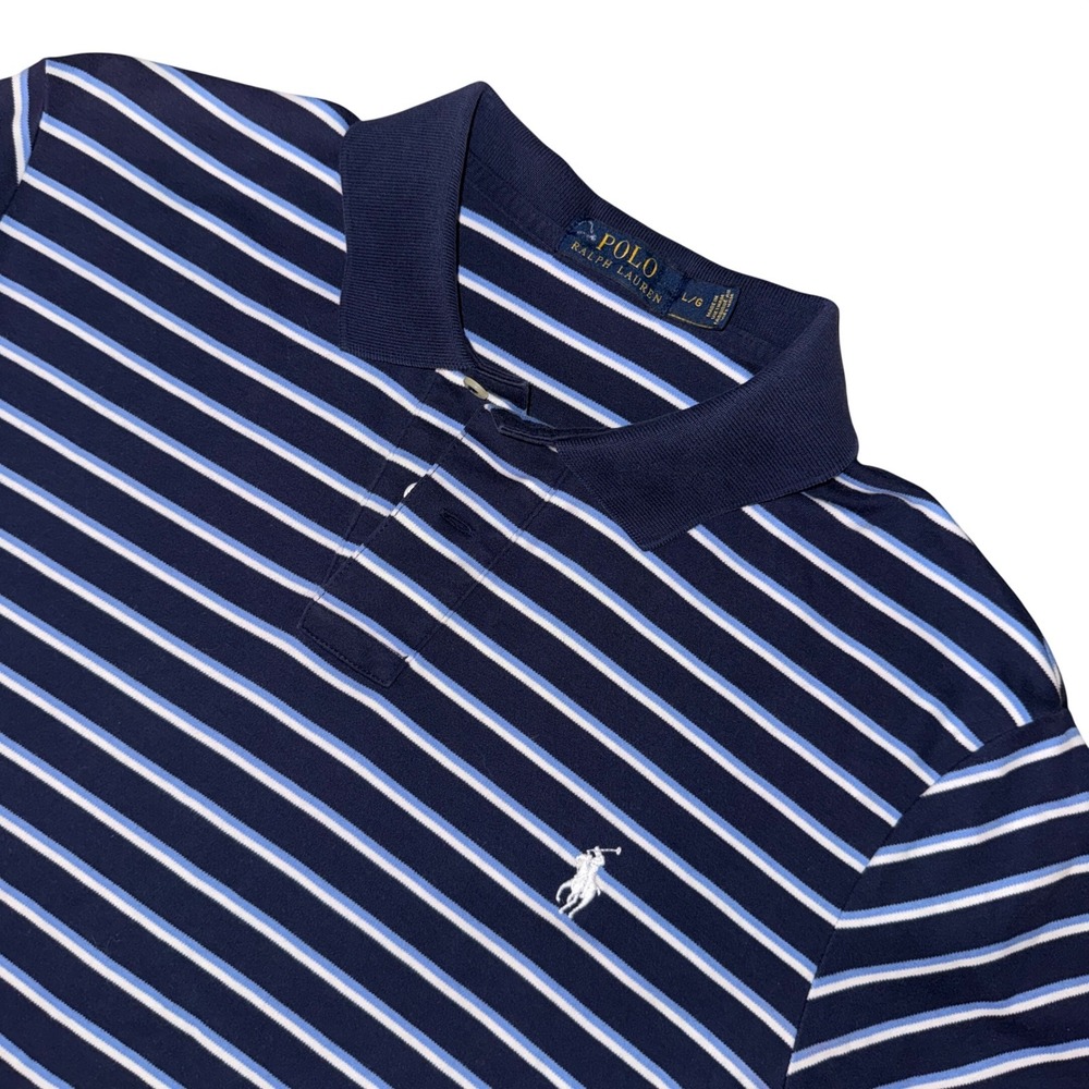 Polo Ralph Lauren Polo Shirt Large Navy Blue Striped Short Sleeve Pony Logo